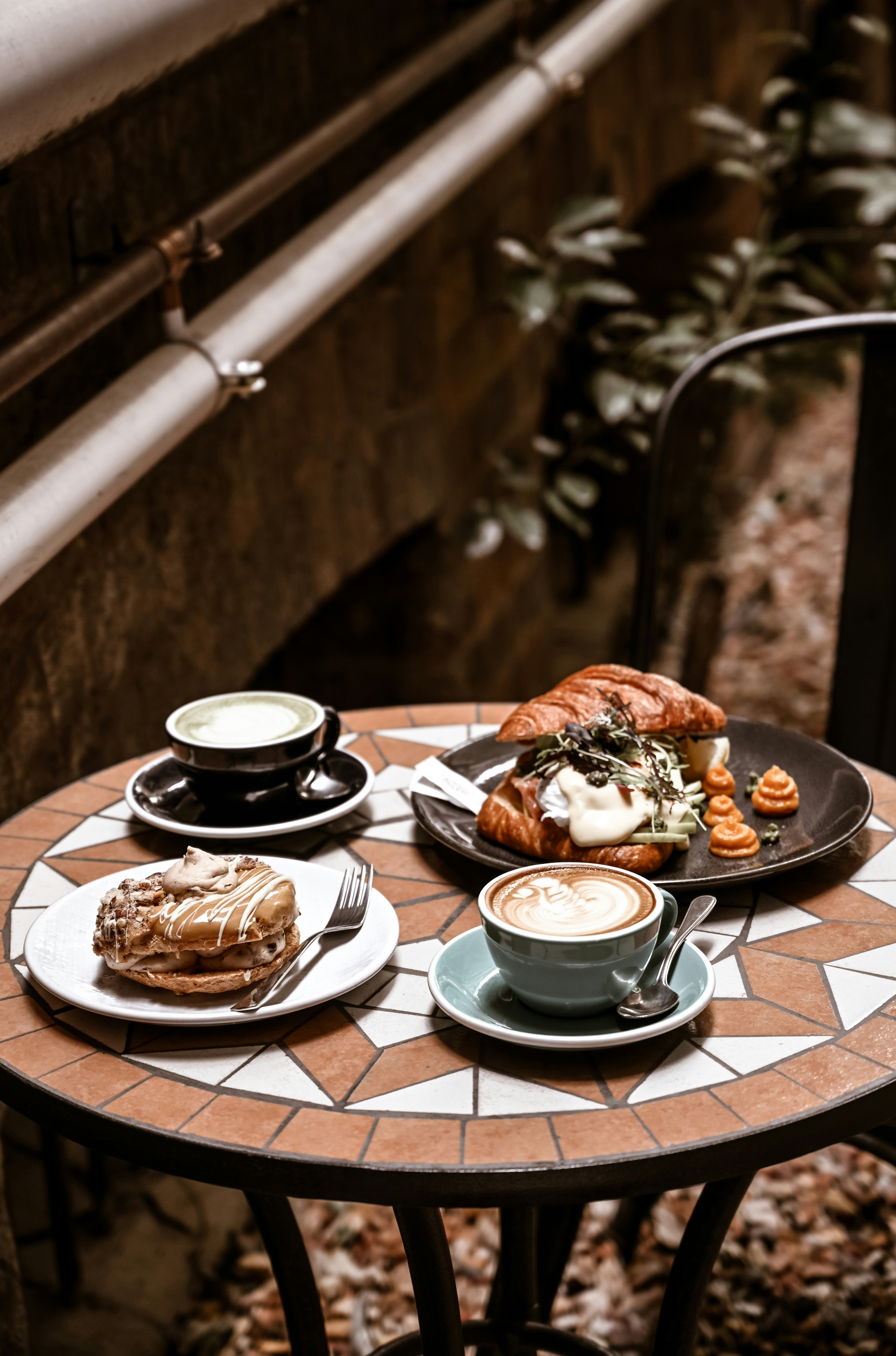 brown and white ceramic plate with food on table